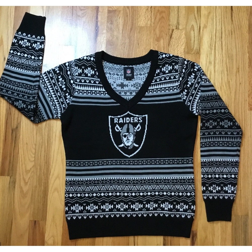 NFL Raiders Ugly Christmas Sweater Women L Football Authentic Sports Black- Gray